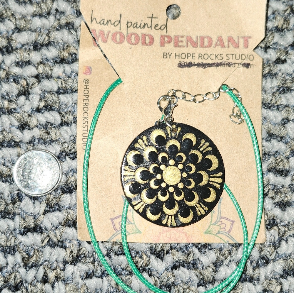 Hand- painted Wood Pendant with Green Chocker